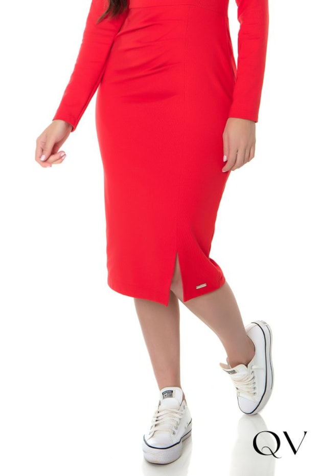 VESTIDO TUBINHO TRANSPASSE E FENDA VERMELHO - HAPUK