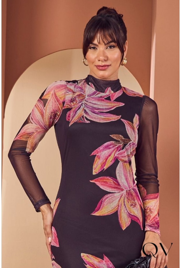 VESTIDO TULE COM MAX ESTAMPA FLORAL PRETO - JANY PIM VESTIDO TULE COM MAX ESTAMPA FLORAL PRETO - JANY PIM