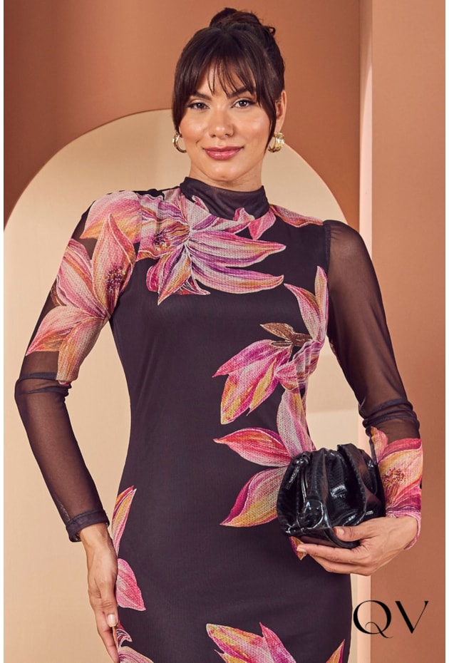 VESTIDO TULE COM MAX ESTAMPA FLORAL PRETO - JANY PIM VESTIDO TULE COM MAX ESTAMPA FLORAL PRETO - JANY PIM