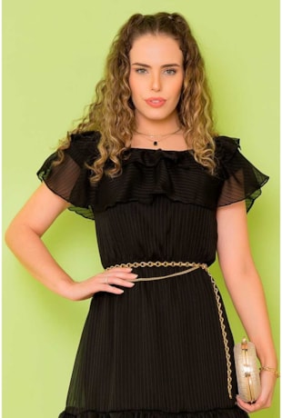 VESTIDO TULE CREPE TEXTURIZADO PRETO - PURO SHARMY