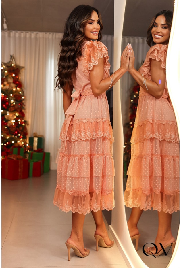 VESTIDO TULE POÁ COM BABADOS CORAL - LUZIA FAZZOLLI VESTIDO TULE POÁ COM BABADOS CORAL - LUZIA FAZZOLLI