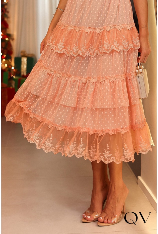 VESTIDO TULE POÁ COM BABADOS CORAL - LUZIA FAZZOLLI VESTIDO TULE POÁ COM BABADOS CORAL - LUZIA FAZZOLLI