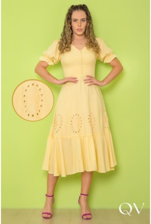 VESTIDO VISCOLINHO BORDADO AMARELO - PURO SHARMY