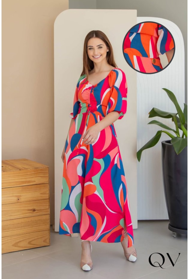 VESTIDO VISCOLINHO ESTAMPADO ABSTRATO - VALENTINA SIRRAH VESTIDO VISCOLINHO ESTAMPADO ABSTRATO - VALENTINA SIRRAH