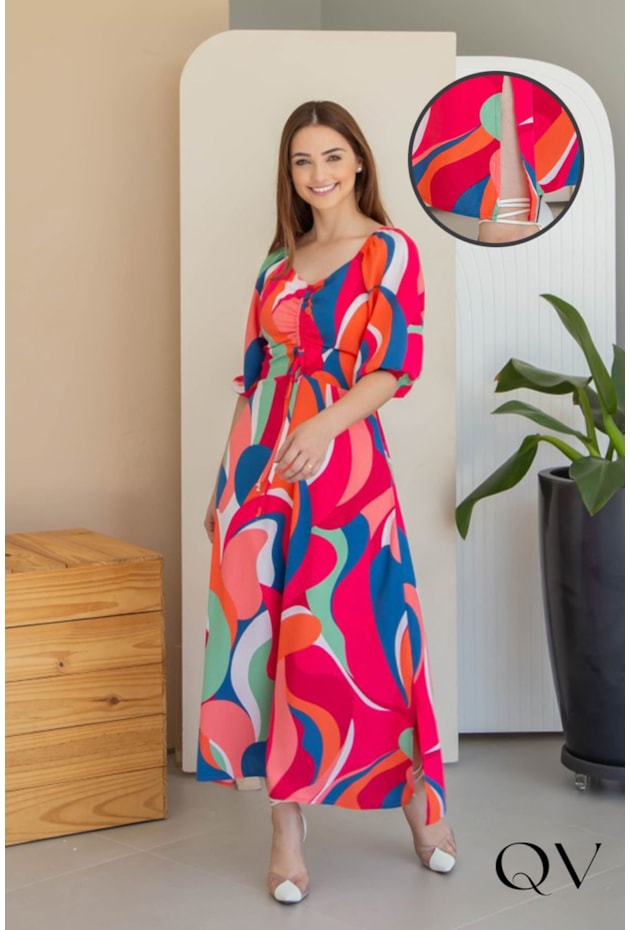 VESTIDO VISCOLINHO ESTAMPADO ABSTRATO - VALENTINA SIRRAH VESTIDO VISCOLINHO ESTAMPADO ABSTRATO - VALENTINA SIRRAH