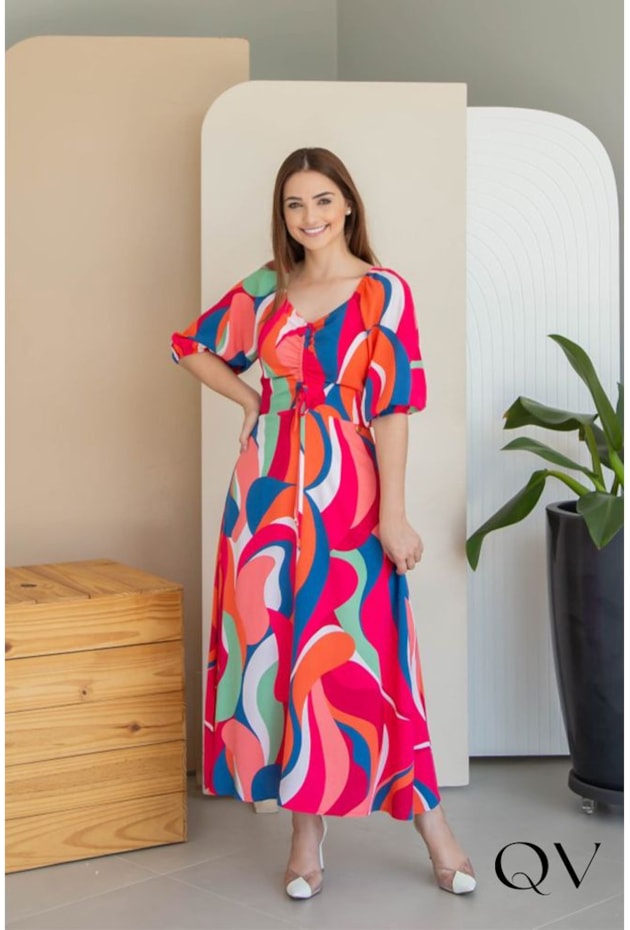 VESTIDO VISCOLINHO ESTAMPADO ABSTRATO - VALENTINA SIRRAH VESTIDO VISCOLINHO ESTAMPADO ABSTRATO - VALENTINA SIRRAH