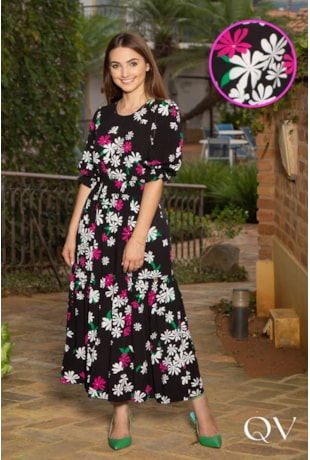 VESTIDO VISCOLINHO LASTEX NA CINTURA FLORAL PRETO - VALENTINA SIRRAH