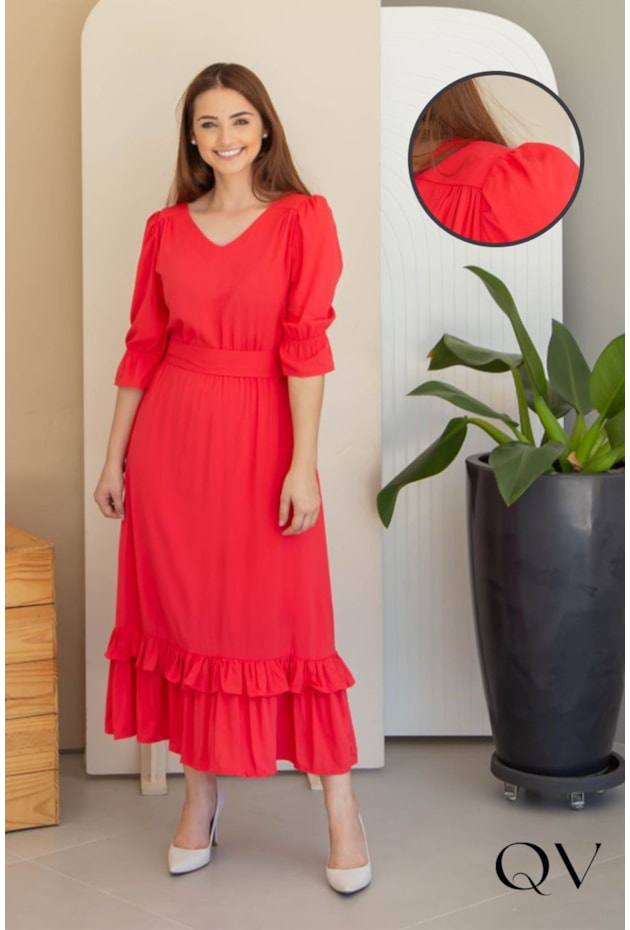 VESTIDO VISCOLINHO MAXI MIDI CORAL - VALENTINA SIRRAH