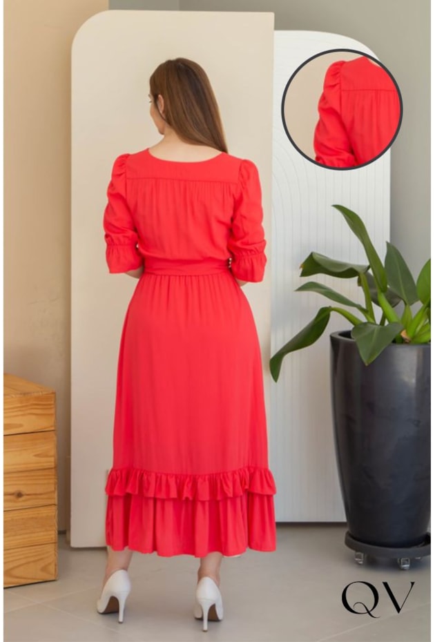 VESTIDO VISCOLINHO MAXI MIDI CORAL - VALENTINA SIRRAH