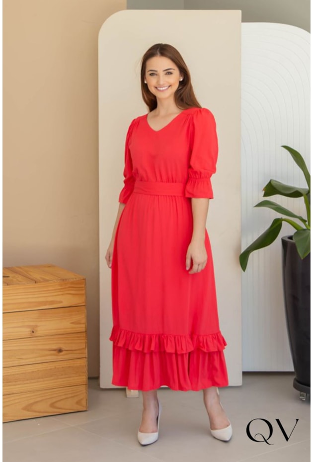 VESTIDO VISCOLINHO MAXI MIDI CORAL - VALENTINA SIRRAH