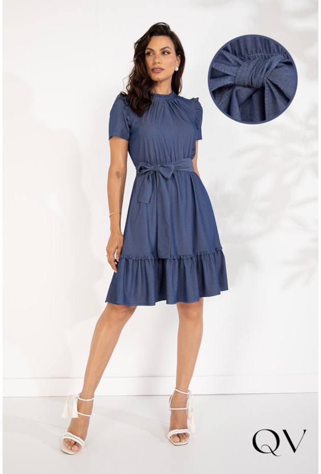 VESTIDO VISCOSE COM BABADOS AZUL DENIM - LEKAZIS