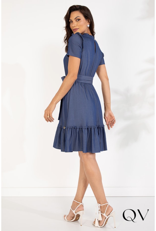 VESTIDO VISCOSE COM BABADOS AZUL DENIM - LEKAZIS