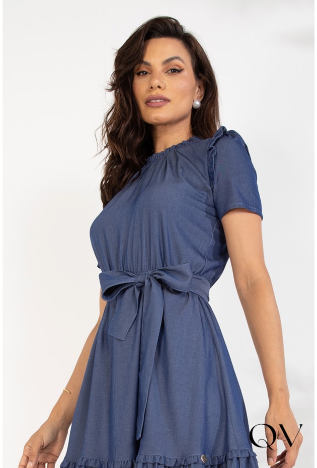 VESTIDO VISCOSE COM BABADOS AZUL DENIM - LEKAZIS