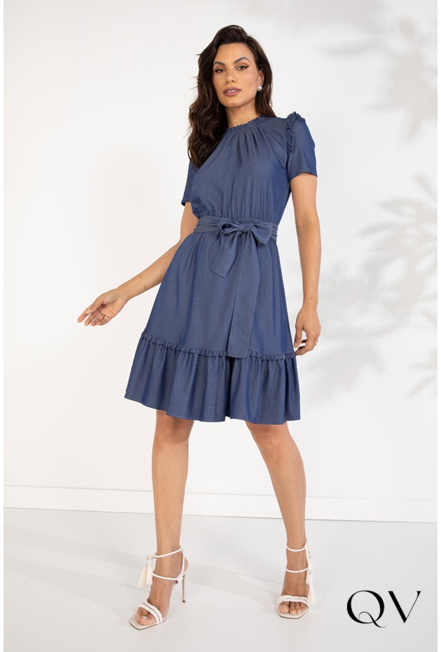 VESTIDO VISCOSE COM BABADOS AZUL DENIM - LEKAZIS