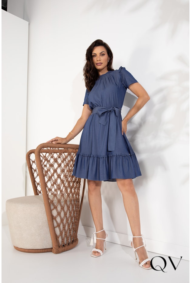 VESTIDO VISCOSE COM BABADOS AZUL DENIM - LEKAZIS