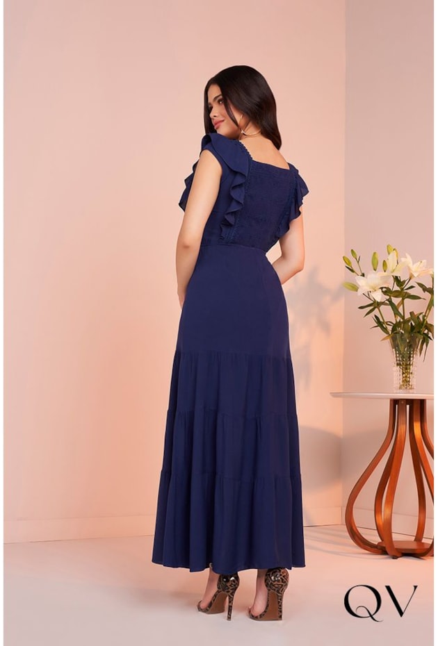 VESTIDO VISCOSE COM BABADOS MARINHO - FASCÍNIUS VESTIDO VISCOSE COM BABADOS MARINHO - FASCÍNIUS