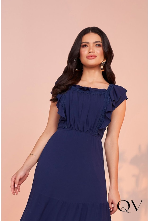 VESTIDO VISCOSE COM BABADOS MARINHO - FASCÍNIUS VESTIDO VISCOSE COM BABADOS MARINHO - FASCÍNIUS