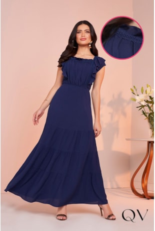 VESTIDO VISCOSE COM BABADOS MARINHO - FASCÍNIUS
