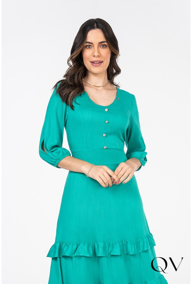 VESTIDO VISCOSE COM BABADOS VERDE - VIA TOLENTINO VESTIDO VISCOSE COM BABADOS VERDE - VIA TOLENTINO