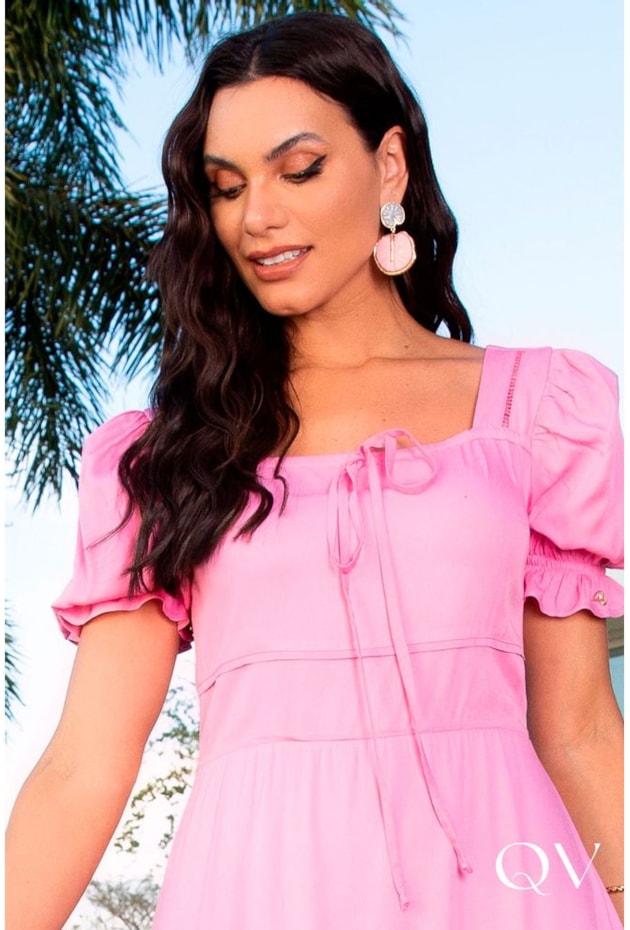 VESTIDO VISCOSE COM ENTREMEIOS ROSA - JANY PIM