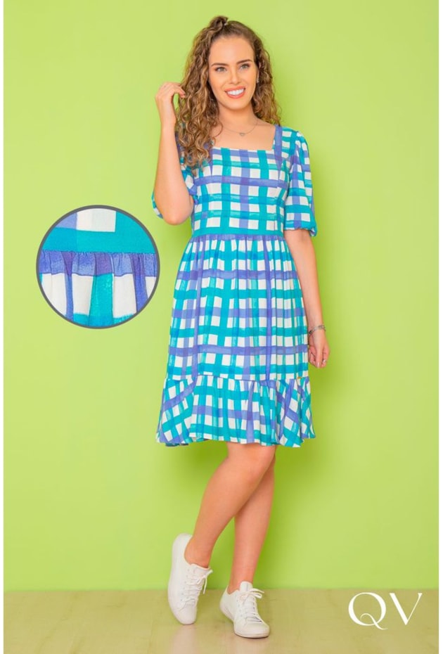 VESTIDO VISCOSE COM ESTAMPA ABSTRATA XADREZ - PURO SHARMY VESTIDO VISCOSE COM ESTAMPA ABSTRATA XADREZ - PURO SHARMY