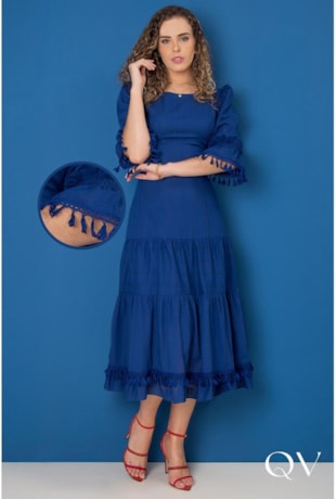 VESTIDO VISCOSE MAXI MIDI AZUL MARINHO - PURO SHARMY