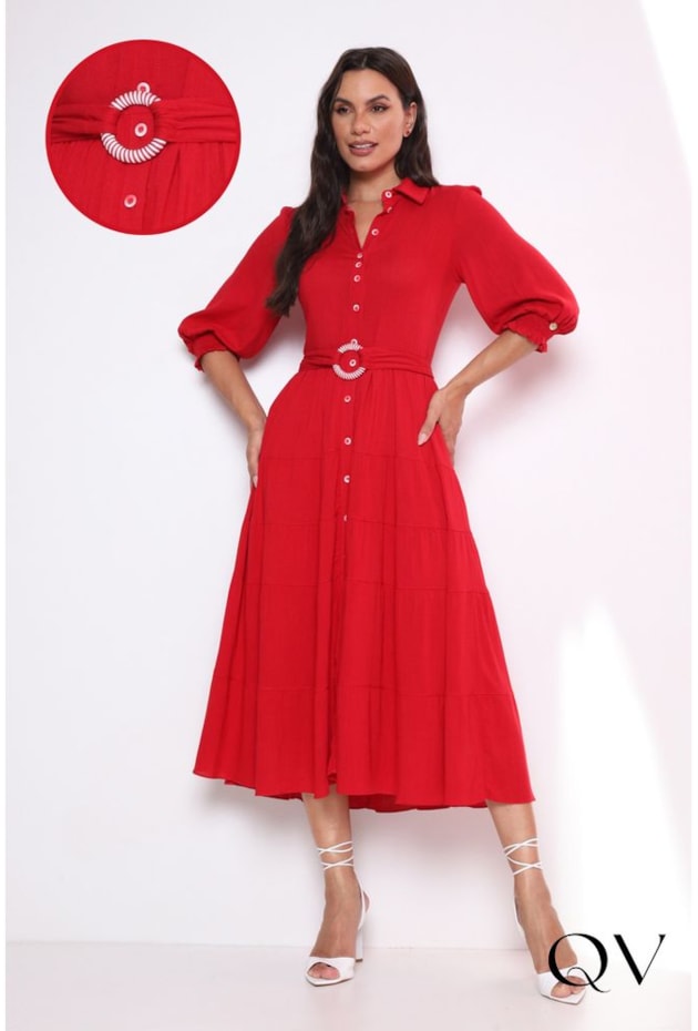 VESTIDO VISCOSE MAXI MIDI COM BOTÕES VERMELHO - LEKAZIS