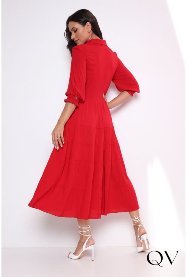 VESTIDO VISCOSE MAXI MIDI COM BOTÕES VERMELHO - LEKAZIS