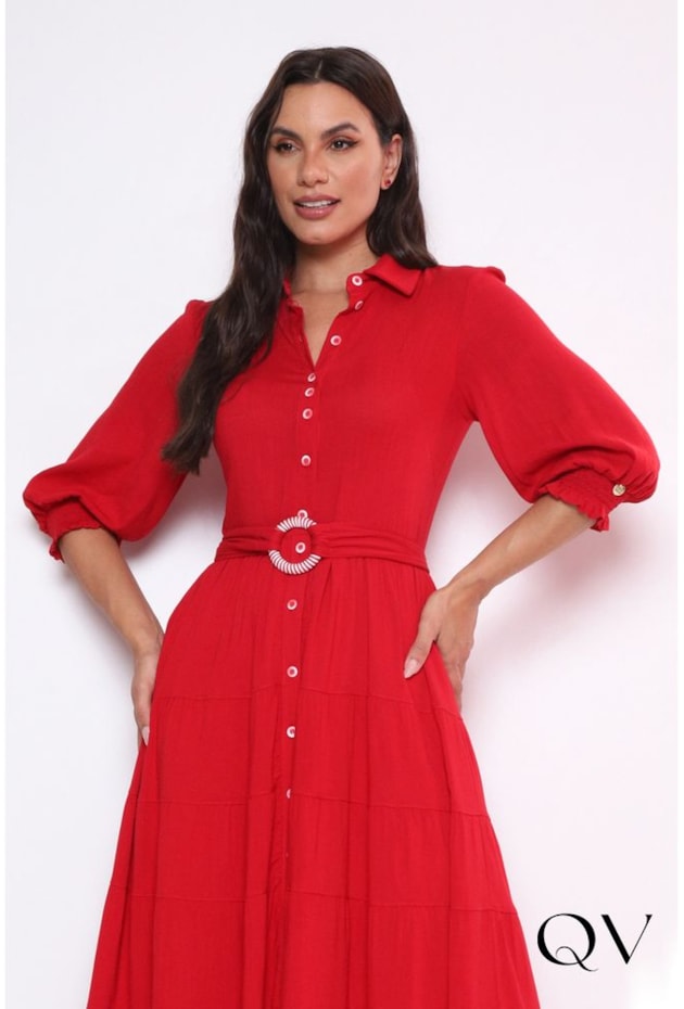 VESTIDO VISCOSE MAXI MIDI COM BOTÕES VERMELHO - LEKAZIS