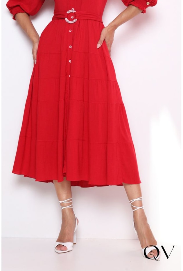 VESTIDO VISCOSE MAXI MIDI COM BOTÕES VERMELHO - LEKAZIS