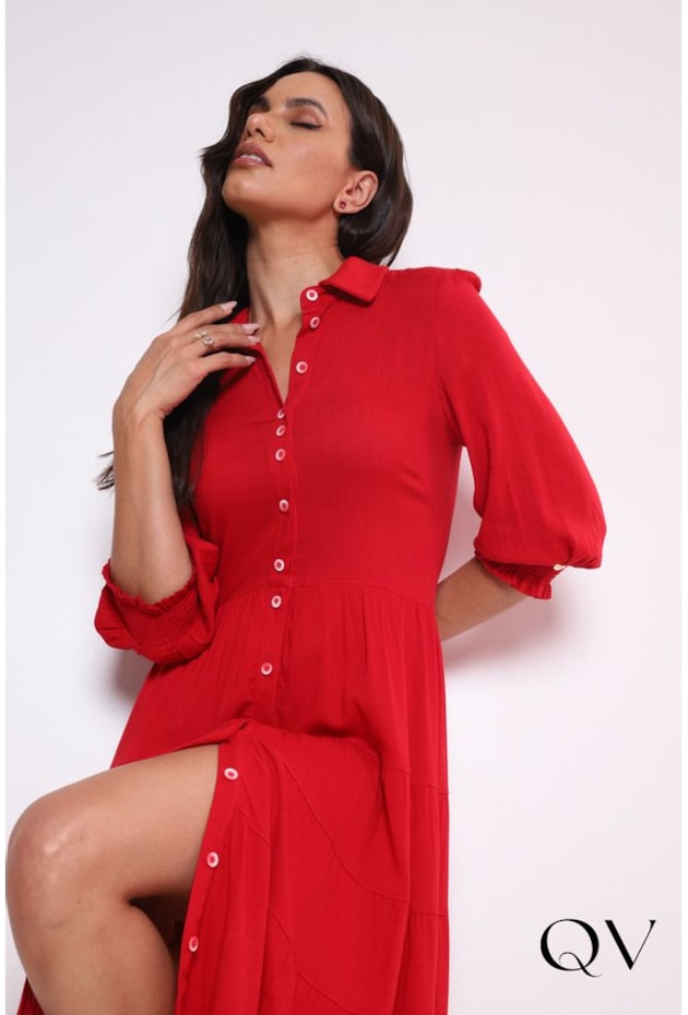 VESTIDO VISCOSE MAXI MIDI COM BOTÕES VERMELHO - LEKAZIS VESTIDO VISCOSE MAXI MIDI COM BOTÕES VERMELHO - LEKAZIS