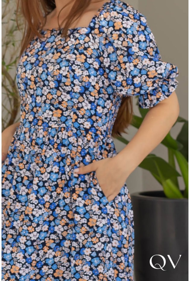 VESTIDO VISCOSE MAXI MIDI FLORAL AZUL - VALENTINA SIRRAH