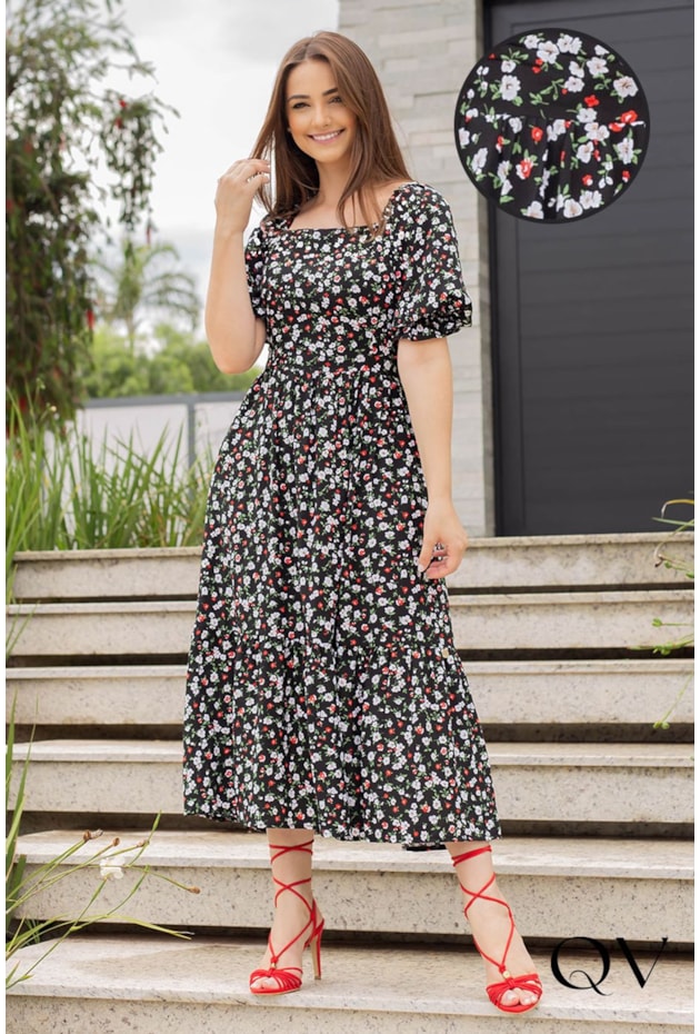 VESTIDO VISCOSE MAXI MIDI FLORAL PRETO - VALENTINA SIRRAH