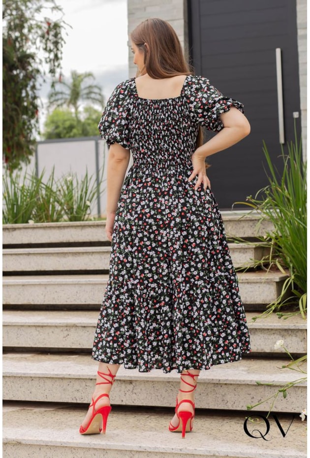 VESTIDO VISCOSE MAXI MIDI FLORAL PRETO - VALENTINA SIRRAH