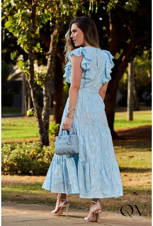 Vestido Voil Bordado Com Babado Azul Luzia Fazzolli QVestido