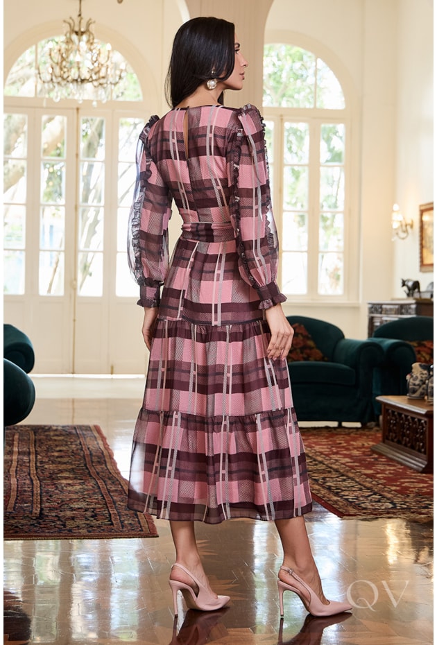 VESTIDO XADREZ EM CHIFFON MARSALA - LUZIA FAZZOLLI
