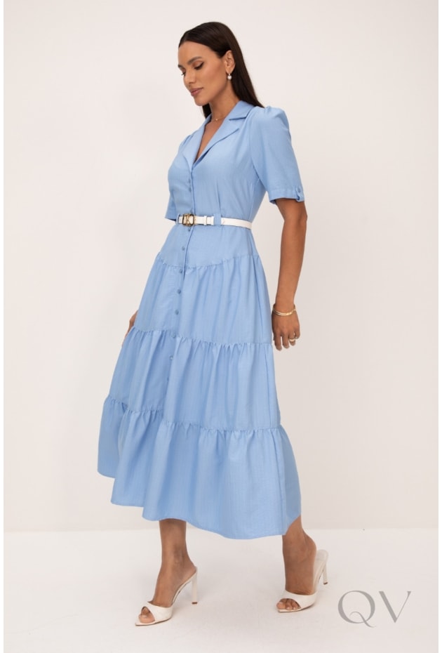 VESTIDOS TRÊS MARIAS MIDI EM RISCA DE GIZ CLASSIC AZUL - LEKAZIS