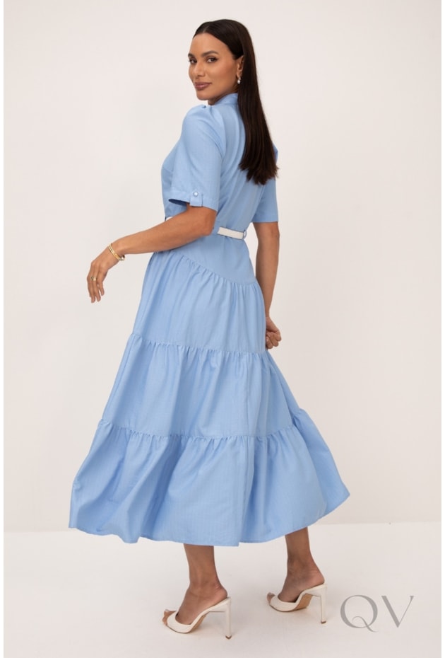 VESTIDOS TRÊS MARIAS MIDI EM RISCA DE GIZ CLASSIC AZUL - LEKAZIS